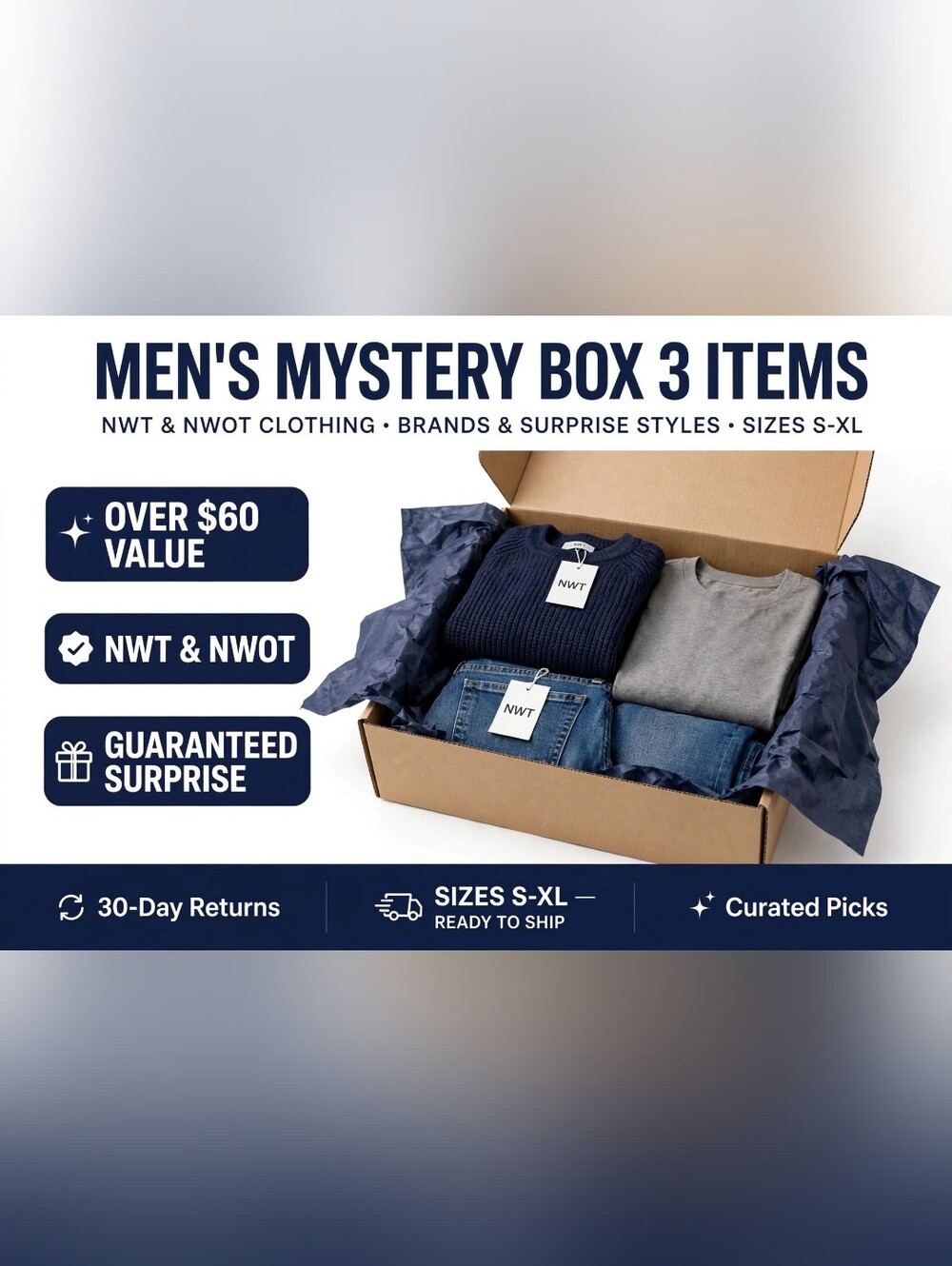 Men's Mystery Box - 3 Apparel Items (Navy & Gray)